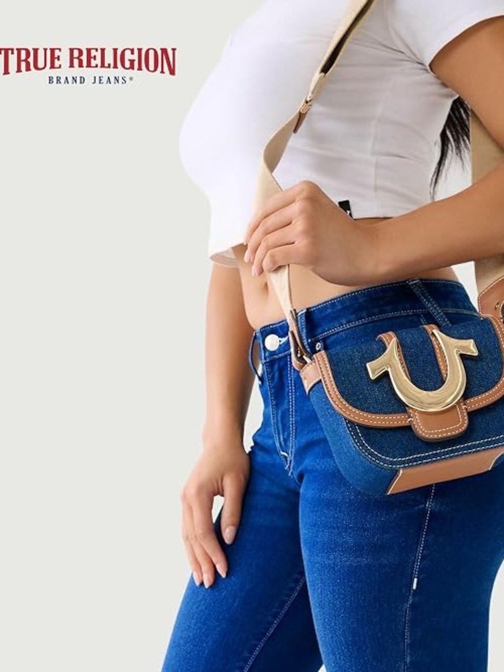 True Religion Denim Crossbody Bag with Tan Trim and Gold Hardware